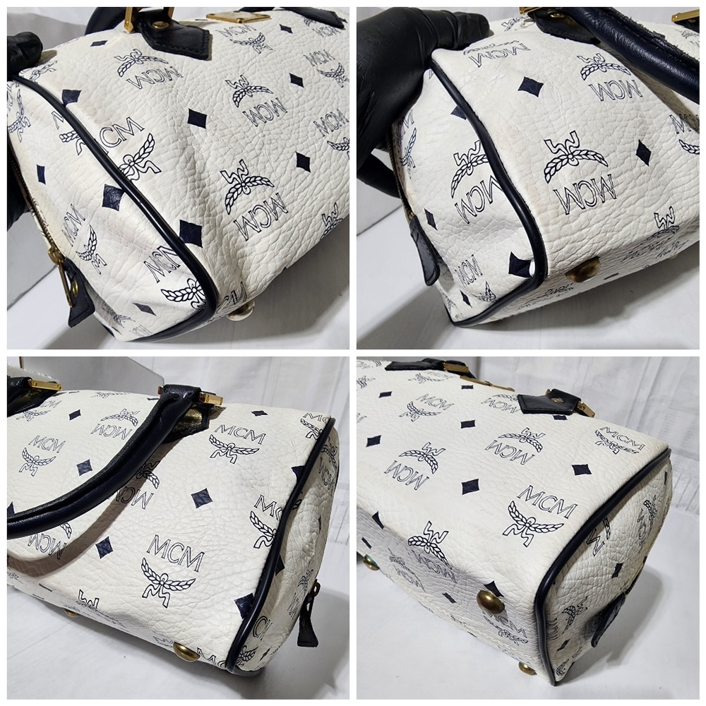 MCM Vintage Coated Canvas visetos Handle Bag Navy Blue/White - Picture 13 of 14